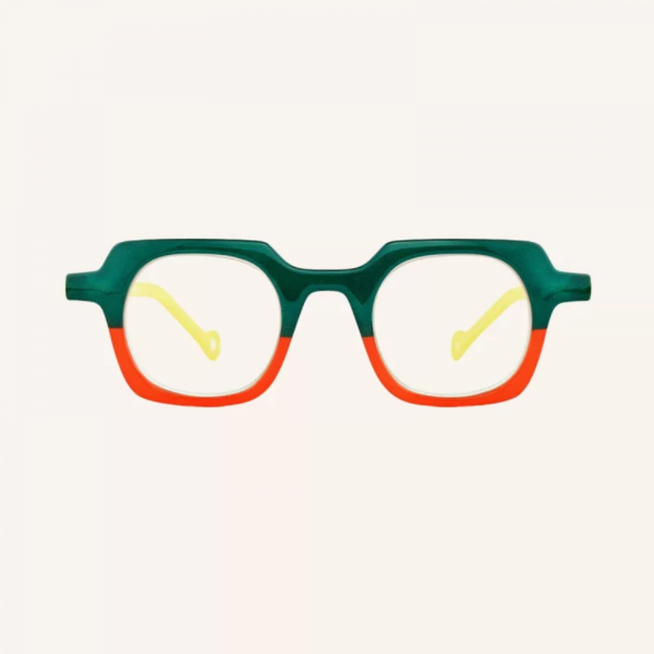 K-eyes-K-29 green orange Antibes unisex reading glasses from the front.